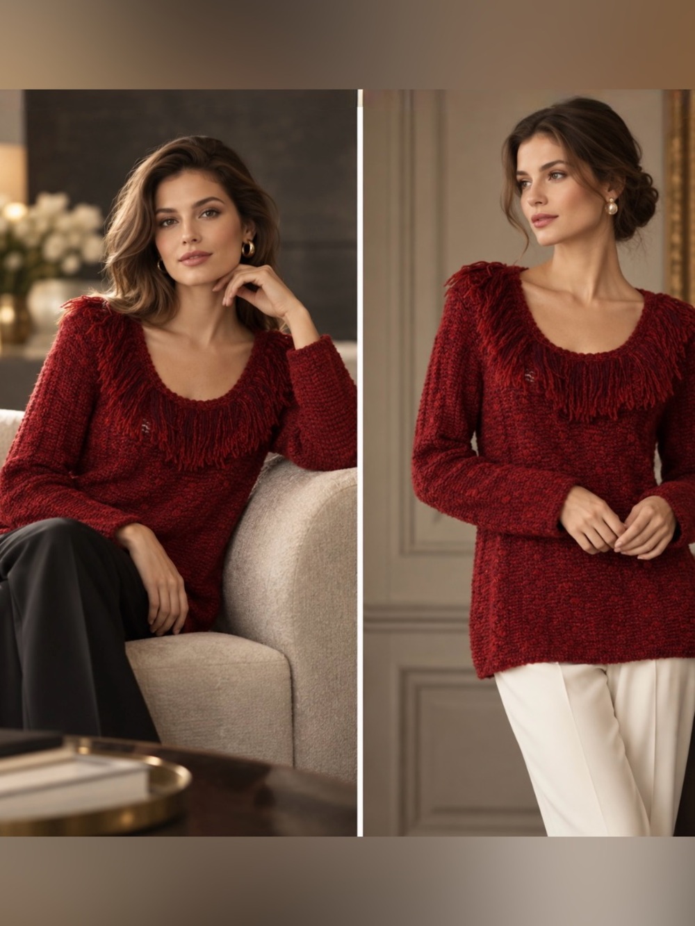 St. John Red Orange MultiTone Fringe Sweater